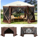VEVOR 12 * 12ft 6 Sided Pop-up Canopy Shelter Tent with Mesh Windows, Portable Carry Bag, Stakes, Large Shade Tents for Outdoor Camping, Lawn and Backyard, Brown/Beige