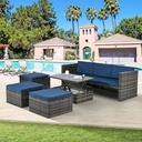 6 Piece Outdoor Patio Furniture Set, Rattan Recliner Sofa,Seasonal PE Wicker Furniture, with Lift Top Table and Ottomans,Outdoor Conversation Set for Patio,Backyard Garden, Poolside（Blue）