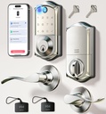 Veise VE017-L Fingerprint Smart Lock with 2 Lever Handles, Keyless Entry Front Door Lock Set, App Control, Electronic Digital Keypad Deadbolt, Easy Installation, Emergency Power Port, Satin Nickel