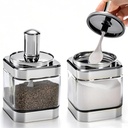 2 Pack Glass Condiment Pot, 12 Ounce Spice Jars with Spoon, Seasoning Box Set Salt Container, Sugar Dispense, Kitchen Containers for Flour and Sugar (Silver)