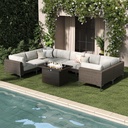 LayinSun 9-Piece Outdoor Modular Wicker Sectional Sofa with Fire Pit Table, Patio Furniture Conversation Set with Deep Seating and Thick Cushions