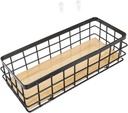 1Set Wrought Iron Hanging Basket with Wood Board for Desktop Organization Stylish Storage Container for Bathroom Kitchen and Home Decor Space Saving Design Black