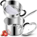 AOSION 2.5 Quart Stainless Steel Saucepan with Steamer Basket,Small Pots for Cooking,Steamer Pan with Pour Spout,Strainer Glass Lid,Perfect For Vegetables Boiling Gravies,Pasta,Noodles