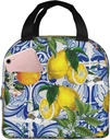 Mediterranean Lemon On Blue Ceramic Tiles Reusable Insulated Lunch Bag for Women and Men, 8.5"x8"x5"/22x20x13 cm, Polyester