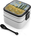 Wheat Fields And Cypress Trees Bento Box Leak-Proof Double Layered Lunch Containers with Spoons And Invisible Handle, Portable Lunch Boxes for Work Picnic Travel