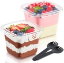 Kucoele 100 Pack 12 oz Square Plastic Dessert Cups with Lids and Sporks, Clear Cake Cups Parfait Cups To Go Food Containers for Pudding Fruit Mousse Yogurt and Shortcake