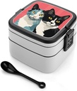 Stackable Double-Layer Bento Box Black and White Cat Adults Lunchbox with Spoon Cute Japanese Bento Box Dishwasher Safe for Work Travel Dining Outc