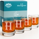 On The Rox Drinks [H-Monogram] - 4 Piece Set of 11 Ounce Engraved Heavy Base Rocks Whiskey Bourbon Glasses Elegant Glass-Multi-Purpose Beverage-Rocks Glass- Ideal Gift for any Occasion