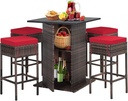 HAPPYGRILL 5 Pieces Rattan Bar Set, Outdoor Wicker Bar Table and 4 Bar Stools, Heavy-Duty Steel Frame, Patio Bar Furniture Set with Cushions