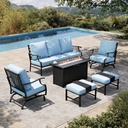 HERA'S HOUSE 6 Pieces Patio Furniture Set with Fire Pit Table, 2 x Rocking Chair, 2 x Ottoman, 3-Seat Sofa with 45" Fire Pit Table, Outdoor Conversation Set for Garden, Poolside, Backyard, Blue