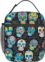 Reusable Colorful Sugar Skull Lunch Box for Kids Girls Boys Women Adult, Insulated Day of The Dead Lunch Bag,Polyester Cooler Handbags Case for School Picnic Work Travel Beach or Hiking