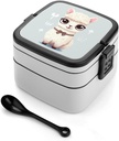 Cute Animal Alpaca Bento Box with Spoon, 2-layer Stackable Lunch Box Leak Proof with Invisible Handle, Insulated Food Storage for Office, Picnic & Travel