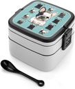 Cute French Bulldog Bento Box Double-Layer Bento Lunch Container with Spoon And Invisible Handle Adult Leak-Proof Lunchbox for Dining Out Work Picnics Travel