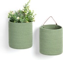 DULLEMELO Hanging Basket with Handle, Set of 2 Small Rope Hanging Wall Baskets for Decor, 7 X 8 Inches Woven Fern Hanging Storage Basket for Organizing (Green)
