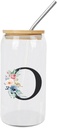 Glass Cups with Bamboo Lids And Straw 16 Oz, Floral Alphabet Monogram Initial Letter O Iced Tea Glasses Drinking Glasses Set Tumbler Glass Can Coffee Cups, Drinking Glassware