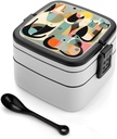 Mid-Century Modern Art Cat Bento Box Adult Lunch Box All-in-One Lunch Containers with Removable Compartments Double Layer Bento Lunch Box with Spoon And Handle Stackable Lunchbox