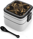 Black And Golden Pattern Bento Box Adult Lunch Box All-in-One Lunch Containers with Removable Compartments Double Layer Bento Lunch Box with Spoon And Handle Stackable Lunchbox