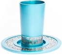 EMANUEL Yair Kiddush Cup Set Turquoise Jerusalem Metal Cutout with Plate (CUJ-5)