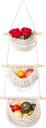 Hanging Fruit Basket Handmade Boho Cotton Rope Wall Hanging Basket Over Door Storage Woven Baskets for RV to Store Any Small Stuffe (white 3 tier)
