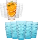 G Hobnail Drinking Glasses 6 Set, Blue and Clear 13 oz Premium Tall Highball Water Glasses, Mixed Drinkware,Parties Restaurants