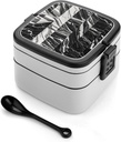 Black Marble Bento Box Double-Layer Bento Lunch Container with Spoon And Invisible Handle Adult Leak-Proof Lunchbox for Dining Out Work Picnics Travel
