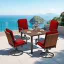 MELLCOM 5-Piece Outdoor Dining Set, 4 Swivel Leather-Look Chairs with Cushions & Square Dining Table with Umbrella Hole, Patio Furniture Set for Porch, Garden, Backyard, Poolside, Deck, Red