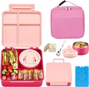 Bento Lunch Box with 8oz Soup Thermo,Kids Leakproof 4 Compartment Lunch Food Containers with Sauce Cup and Ice Pack,Kids Thermo Insulated Hot Food Jar and Lunch Bag for School,Trvael-Pink