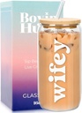 Wifey Cup - Cute Bride Gift for Wife, Mrs, Bride to Be - Wedding, Bridal Shower, Engagement & Bachelorette Party Gifts - 16oz Glass Cup w/Lid and Straw