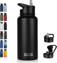 HASLE OUTFITTERS 32 oz Insulated Water Bottle Stainless Steel Double Walled Vacuum Sports Water Bottle with 2 Lids (Straw and Spout Lid) for Gym Camping Hiking(Black,1)