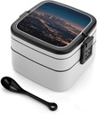Adult Double-Layer Bento Box Los Angeles Skyline Portable Lunch Box with Spoon And Invisible Handle Leakproof Microwave-Safe Food Container for Work Travel Camping