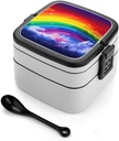 Rainbow Bento Box for Adults Double Layer Lunch Box with Spoon And Invisible Handle Microwave Dishwasher Safe Leak Proof Meal Prep Lunch Containers for Office Picnic