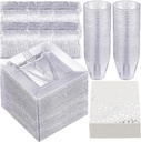 Nosiny 400 Pcs Glitter Dinnerware Set 100 Guests - Square Clear Glitter Plastic Plates Set with Cups Forks Polka Dot Paper Napkins Disposable 6.5 Inch Plates for Wedding Birthday Party(Silver)