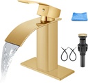 Aolemi Bathroom Faucet Single Handle 1 Hole Deck Mount Lavatory Vanity RV Sink Mixer Basin Tap with Cover Plate and Pop Up Drain Assembly, Brushed Gold, Waterfall Spout