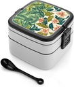 Floral Patterns Bento Box Adult Lunch Box All-in-One Lunch Containers with Removable Compartments Double Layer Bento Lunch Box with Spoon And Handle Stackable Lunchbox