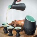 Refineness Sake Set, 7 Pcs Ceramic with Warming Pot and Candle Stove, Black Glazed Texture Traditional Japanese Style Sake Serving Gift Set