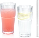 2Pcs 20oz Glass Tumbler with Straw Ribbed Iced Coffee Tumbler Vintage Drinking Glasses for Tea Juice Soda Smoothie(Ribbed A*2 without Lid)
