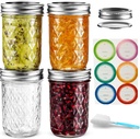 Mason Jars 8 oz Wide Mouth, 4 Pack with Airtight Lids - Food Grade Glass, Free Brush & Stickers for Food Storage, Canning, DIY Gifts