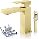 Solid Brass Bathroom Faucet, Gold Bathroom Faucet 1 Hole,CEC & cUPC Certified Lead-Free Single Hole Vanity Gold Faucet with Two Flexible Hoses & Pop Up Drain Stopper