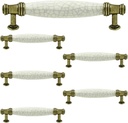 LC LICTOP 152mm/5.98" Antique Brass Ceramic Drawer Handles – 128mm/5.04" Hole Center Vintage Dresser Pulls, Off White Cracking Pattern Cabinet Knobs for Kitchen Cupboard with Mounting Screws, 6Pcs