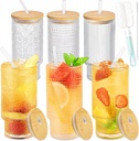 Gusnilo 6 Pcs Set 11oz Glass Cups Drinking Glasses with Bamboo Lids and Straws,Stackable Glasses，Hobnail Drinking Glasses,Embossed Drinking Glass Cup for Coffee, Tea,Vintage Juice Cup(Clear (6Pcs))