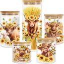 5 Pack Highland Cow Sunflower Glass Storage Jars with Airtight Lid Watercolor Cattle Floral Decorative Canisters Sets for Cookie Spring Summer Farmhouse Home Kitchen Countertop