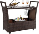VINGLI Rattan Patio Bar Cart with Ice Bucket, Removable Outdoor Bar Table with Wheels, Wicker Serving Bar Cart w/Glass Top and Wine Glass Holder for Poolside, Balcony, Yard