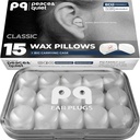 Peace&Quiet PQ Wax Ear Plugs for Sleeping, Swimming - 15 Soft Noise Cancelling Silicone Gel Wax Earplugs for Sleep and Swimmers, Ear Protection with Sound Blocking Level of 32 Db, (15-Pillows)