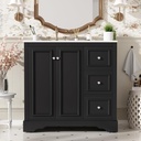 36'' Transitional Bathroom Vanity with Ceramic Sink – Features 2 Soft-close Doors, an Adjustable U-shaped Shelf, 3 Drawers (including one with divider), Painted Finish, and Ample Storage Space, Black