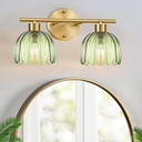 Bathroom Light Fixtures,2 Light Bathroom Vanity Light Over Mirror,Gold Wall Vanity Lights with Green Glass Shade for Bedroom Living Room Farmhouse