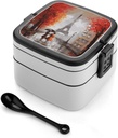 Stackable Double-Layer Bento Box Eiffel Tower Paris Painting Adults Lunchbox with Spoon Cute Japanese Bento Box Dishwasher Safe for Work Travel Dining Outc