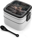Rest on Rock Bento Box Adult Lunch Box All-in-One Lunch Containers with Removable Compartments Double Layer Bento Lunch Box with Spoon And Handle Stackable Lunchbox