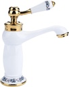 Ceramic Antique Brass Faucet, Bathroom Sink Water Tap, Long Neck Vintage Faucet Mixer Sink Tap Kitchen Cold/Hot Water Basin Tap (White)