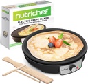 Nutrichef Electric Crepe Maker & Griddle Cooktop - Nonstick 12 Inch Aluminum Hot Plate with LED Indicator Lights & Adjustable Temperature Control - Wooden Spatula & Batter Spreader Included