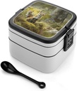Stackable Double-Layer Bento Box Animals Adults Lunchbox With Spoon Cute Japanese Bento Box Dishwasher Safe for Work Travel Dining Outc